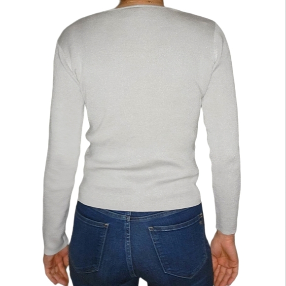 Clio Silk Cotton Metallic Mix Cardigan Size Medium Grey Silver Button up - Picture 3 of 3